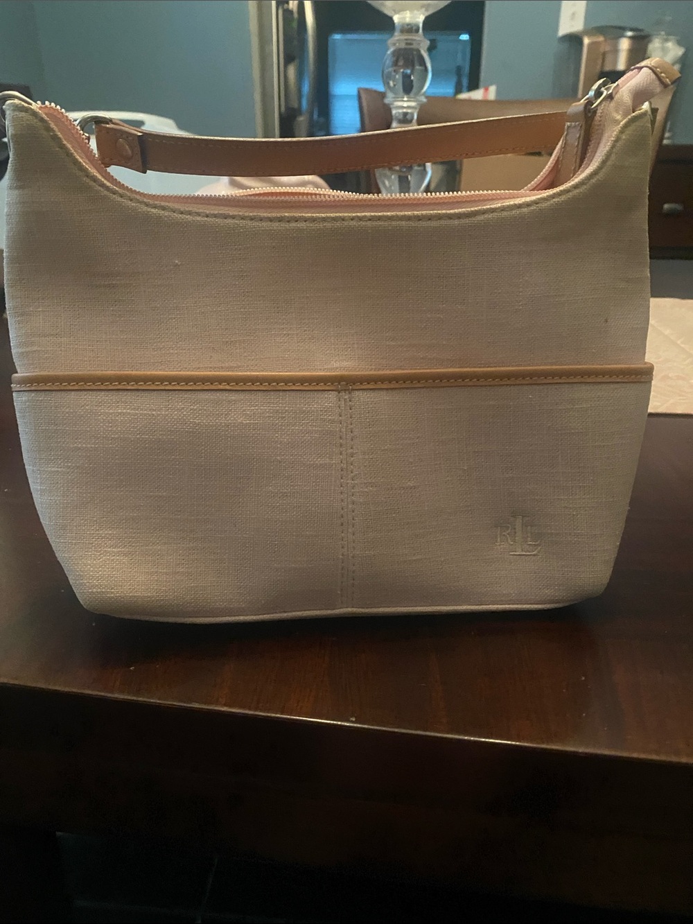 Ralph Lauren Pink Canvas Shoulder Bag with Tan Trim